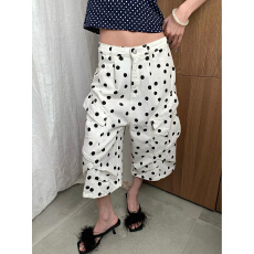 批发美式复古白色波点工装牛仔短裤女夏季五分中裤宽松显瘦直筒七分裤