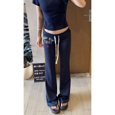 批发美式复古藏青印花绑带休闲裤女2026夏季低腰时尚<b class='q'>百搭</b>直筒显瘦长裤