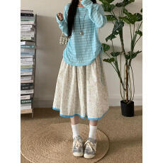 多巴胺撞色蓝色裙边小碎花半身裙女松紧腰宽松显瘦潮流ins裙子