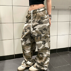 批发美式复古迷彩抽绳工<b class='q'>装</b>休闲裤男<b class='q'>女</b>宽松百搭慵懒风阔腿拖地卫裤ins