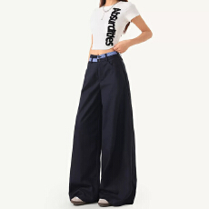 批发藏青色双腰<b class='q'>格子</b>拼接西装<b class='q'>裤</b>女百搭夏季薄款美式宽松垂感阔腿休闲<b class='q'>裤</b>
