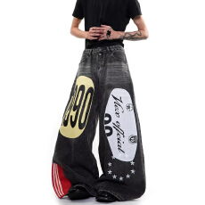 批发美式<b class='q'>高端</b>潮牌欧货涂鸦牛仔裤男宽松直筒痞帅高街阔腿长裤子