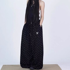 批发美式复古满印波点运动休闲裤女<b class='q'>春</b>秋新款抽绳宽松垂感阔腿