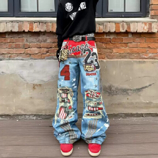 批发美式街头牛仔裤男3D数码打印潮牌百搭宽松小众直筒裤子堆积感<b class='q'>长裤</b>