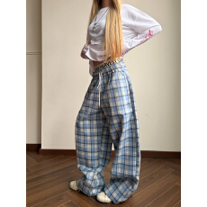 批发红色格子抽绳阔腿裤<b class='q'>春</b>秋休闲裤子美式慵懒宽松显瘦高腰直筒<b class='q'>长裤</b>