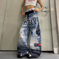 批发炫酷印花装饰水洗牛仔裤女<b class='q'>春</b>秋款高腰宽松显瘦百搭直筒阔腿拖地裤