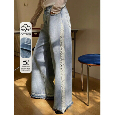 批发简约<b class='q'>春</b>季新品直筒休闲裤子口袋复古牛仔长裤阔腿裤潮流新款流行