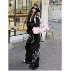 批发美式街头黑色<b class='q'>阔腿裤</b>女秋冬新款哥特长剑印花直筒休闲卫<b class='q'>裤</b>子亚文化