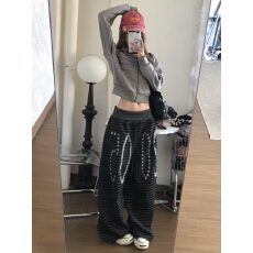 批发美式翻腰拼接条纹星星印花弯刀卫<b class='q'>裤</b>男女跳舞宽松阔腿<b class='q'>裤</b>