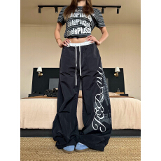 批发美式<b class='q'>街头</b>字母印花阔腿卫裤男女春秋新款宽松情侣长裤运动休闲裤子