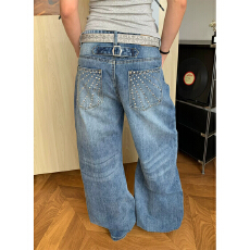 批发美式复古烫珠巴黎扣弯刀<b class='q'>牛仔裤</b>男女同款铆钉浅蓝色阔腿显瘦休闲裤