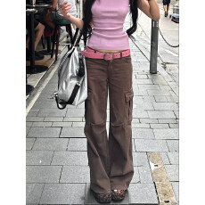 批发美拉德棕咖色阔腿工装牛仔裤女高腰宽松显瘦直筒拖地长裤