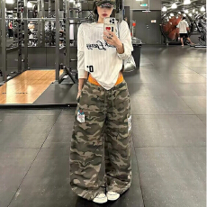 批发美式新款迷彩工装裤<b class='q'>男</b>女2026复古设计感宽松<b class='q'>休闲裤</b>阔腿弯刀裤