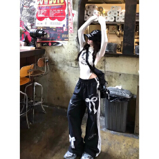 批发甜辣黑色蝴蝶结休闲裤女初秋季美式蕾丝松紧腰宽松直筒阔腿长裤子