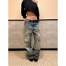 批发春秋季复古破洞补丁<b class='q'>牛仔裤</b>男潮牌宽松微锥形哈伦浅蓝休闲长裤潮
