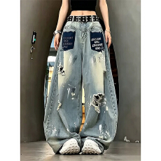 批发美式复古破洞宽松阔腿<b class='q'>牛仔裤</b>女辣妹风宽松<b class='q'>显瘦</b>设计感直筒拖地长裤