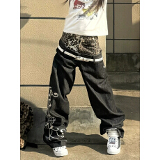 批发美式豹纹斜腰双腰头音符刺绣<b class='q'>牛仔裤</b>男女轻亚街头baggy原牛长裤子