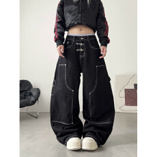 批发秋季美式复古廓形设计感水洗弯刀牛仔裤男女宽松阔腿香蕉长裤子