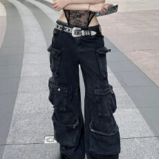 批发美式街头重工多口袋工装<b class='q'>牛仔裤</b><b class='q'>男</b>女宽松vibe直筒休闲阔腿长裤
