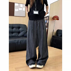 批发美式复古条纹撞色阔腿西裤男女宽松休闲百搭垂感<b class='q'>西装</b>裤