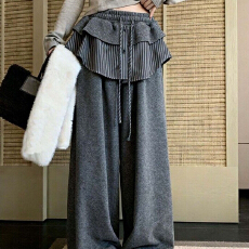 批发2026冬季高腰小众拼接花边休闲屁帘卫裤女<b class='q'>胖</b><b class='q'>MM</b><b class='q'>宽松</b>显瘦直筒阔腿裤