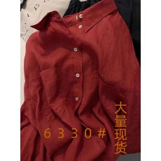 批发法式复古亚麻红色防晒薄款<b class='q'>衬衫</b>春夏款