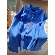 批发高端棉麻衬衫女春夏防晒开衫法式复古克莱因蓝色<b class='q'>长袖</b>衬衣亚麻上衣