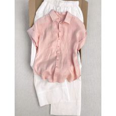 批发法式减龄粉色苎麻亚麻短袖衬衫女<b class='q'>夏</b>季2026新款慵懒风休闲显瘦上衣