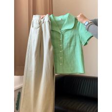 批发娃娃领短袖绿色衬衫春装女2026年新款轻奢高级感法式小资别致上衣
