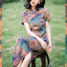 批发油画-红云纱花萝-<b class='q'>旗袍</b> 100<b class='q'>真丝</b>有口袋手工盘扣<b class='q'>旗袍</b>