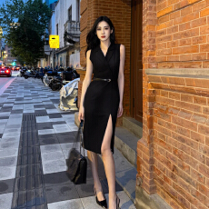 批发2025职场海妖风V领中长款<b class='q'>西装</b>连衣裙女夏季智感开叉裙子