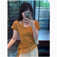 批发法式别致橘色荷叶边挂脖上衣女2025年夏季新款短袖<b class='q'>T</b><b class='q'>恤</b>设计感小众