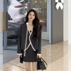 批发壹壹小众拼接设计时尚轻千金风西装半裙套装<b class='q'>蕾丝</b>飘带