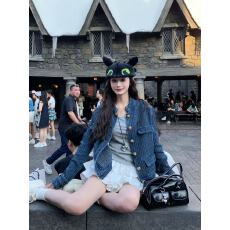 批发3MER哦哦三妹老钱调肌理感牛仔小香风外套女<b class='q'>秋</b>季新款蓝色立领夹克