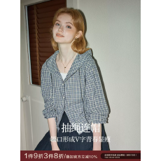 批发蓝色格子长袖连帽衬衫女2025年早秋新款韩系小个子上衣