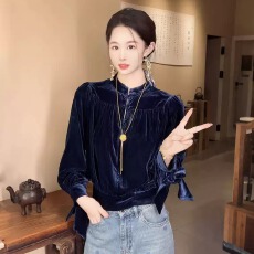 批发诗诗同款高端女士<b class='q'>真丝</b>丝绒新中式上衣秋冬年轻款桑蚕丝<b class='q'>衬衫</b>