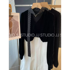 批发气质UPUP韩国东大门<b class='q'>波点</b>飘带宽松V领套头丝绒<b class='q'>衬衫</b>女黑色<b class='q'>衬衣</b>长袖