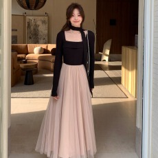 批发Even一雯干枯玫瑰韩系高智法式千金感<b class='q'>撞色</b>拼接收腰长袖<b class='q'>连衣裙</b>