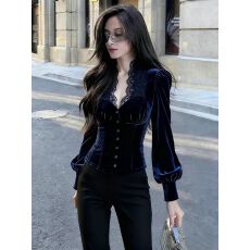 批发蓝色丝绒<b class='q'>衬衫</b>女高级感轻奢减龄洋气独特漂亮法式奢华高端上衣早秋