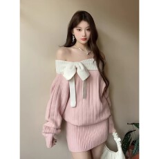 批发<b class='q'>蝴蝶结</b>一字肩针织<b class='q'>连衣裙</b>女秋冬新款显瘦韩系收腰毛衣裙包臀短裙