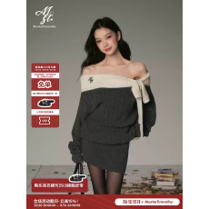批发Moster Timnothy原创一字肩<b class='q'>蝴蝶结</b>厚款<b class='q'>连衣裙</b>氛围感针织长袖毛衣