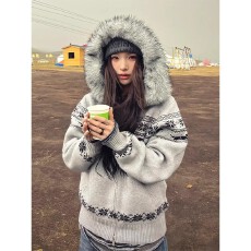 批发慵懒风费尔岛毛领连帽毛衣外套男女秋冬情侣装设计感宽松针织开衫