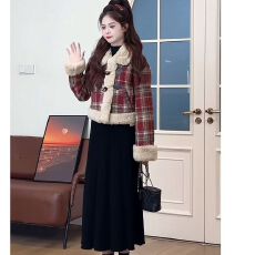 批发冬季一整套女装2024<b class='q'>新款</b>时尚格子翻领外套百搭针织<b class='q'>半身裙</b>两件套潮