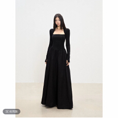 批发withmin凉皮 超模晚宴 辣妹黑色方领长袖收腰长款<b class='q'>连衣裙</b>女