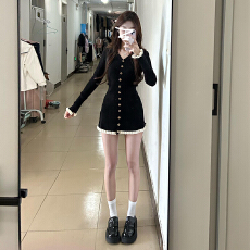 批发小个子香风黑色长袖针织<b class='q'>连衣裙</b>子女2024新款早秋季穿搭气质小黑裙