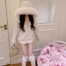 批发Leathercat毛衣外套女秋冬新款韩系宽松慵懒风高级感连帽针织开衫