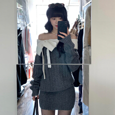 批发法式灰色一字肩针织<b class='q'>连衣裙</b>子女秋冬季2025新款巨好看气质包臀短裙