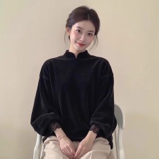 批发新中式<b class='q'>女装</b>黑色立领灯笼袖丝绒上衣25秋新款设计感小众轻国风小衫