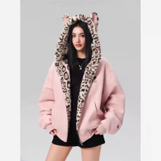 批发Achock官方店秋冬可爱兔耳保暖卫衣豹纹内里拉链连帽加绒外套