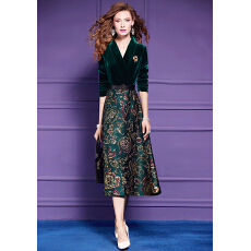 批发<b class='q'>提花</b>金丝绒<b class='q'>连衣裙</b>女秋冬季阔太太高贵优雅收腰气质假两件裙子